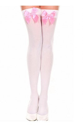 Tight High Stockings White With Pink Bow