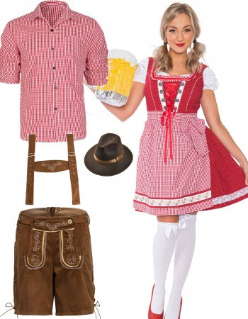 Matching Oktoberfest Red Lederhosen Couple Costumes