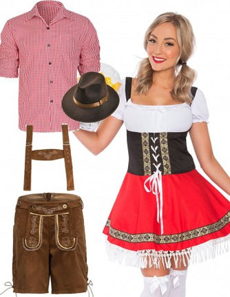 Oktoberfest Red Lederhosen Couple Costumes