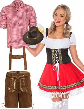 Oktoberfest Red Lederhosen Couple Costumes