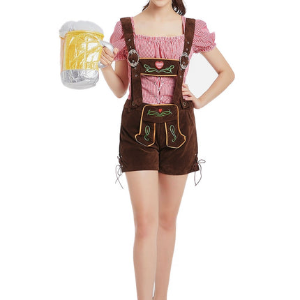 A woman wearing a traditional German Bavarian beer maid costume, known as a Lederhosen outfit, with a suspenders and an off-shoulder top.