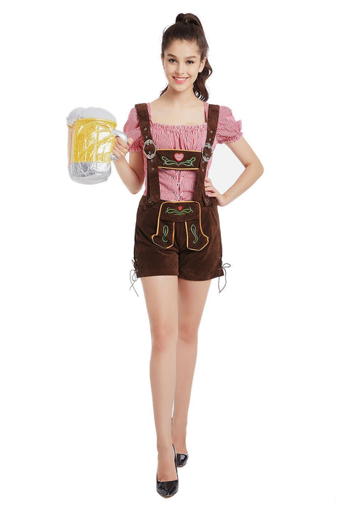 A woman wearing a traditional German Bavarian beer maid costume, known as a Lederhosen outfit, with a suspenders and an off-shoulder top.