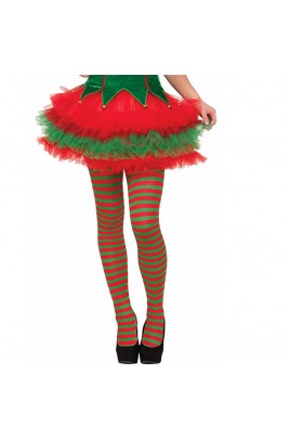 Pantyhose Striped Elf Tights Christmas Xmas Helper Red Green Fancy Dress Costume Stockings