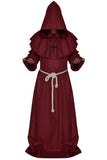 Premium  Wine Red Medieval Monk Cross Necklace Hooded Robe Renaissance Costume