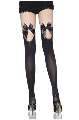 Thigh High Black Stockings White Bow (One-Size Fits All)